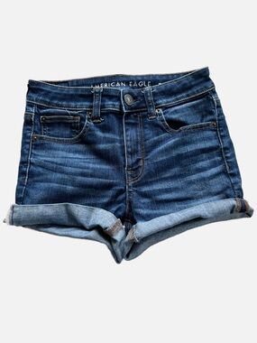 American Eagle Outfitters Dark Blue Rolled-Hem Hi-Rise Shortie Denim Shorts 2